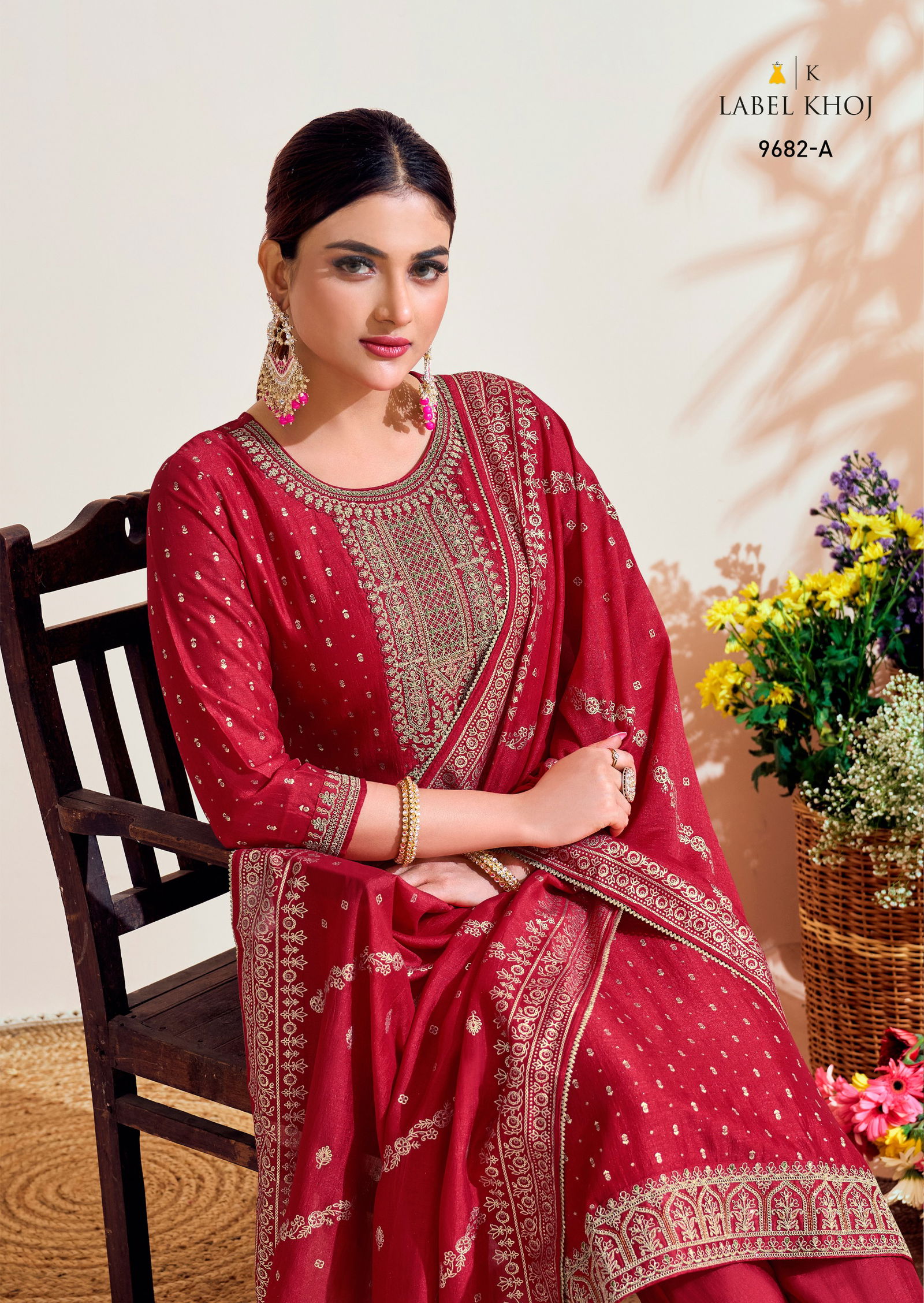 Label Khoj 9682 A To 9684 B Embroidery Vichitra Silk Designer Readymade Suits Wholesale Shop In Surat